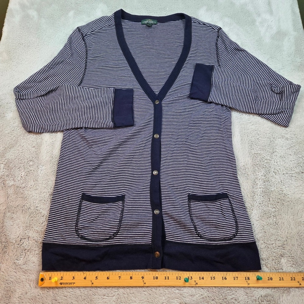 Lauren Ralph Lauren Cardigan Womens L Striped Snap Button Front Navy Blue White